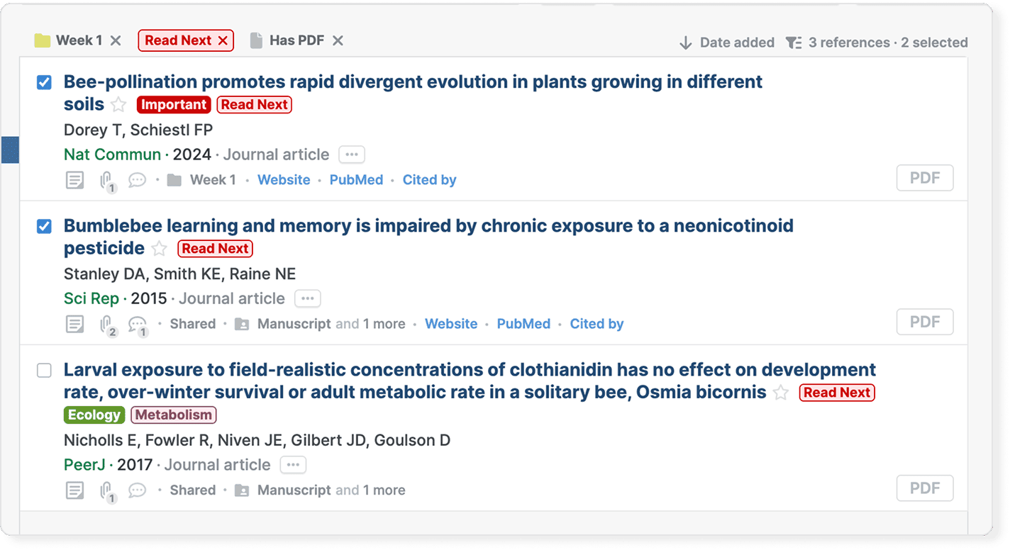 Reference list with the header showing the active Week 1 folder, Read Next label and Has PDF filters, sorted by Date added, and reading “3 references · 2 selected”.